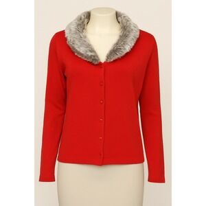 KIKIT Cardigan Sweater Large Red Faux Fur Collar Classic Y2K Vintage‎